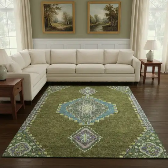 Olive Green Teal And Purple Oriental Washable Area Rug With UV Protection Photo 2