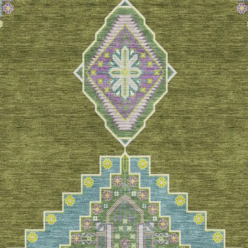 Olive Green Teal And Purple Oriental Washable Area Rug With UV Protection Photo 3