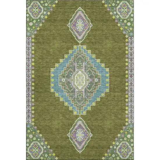 Olive Green Teal And Purple Oriental Washable Area Rug With UV Protection Photo 1