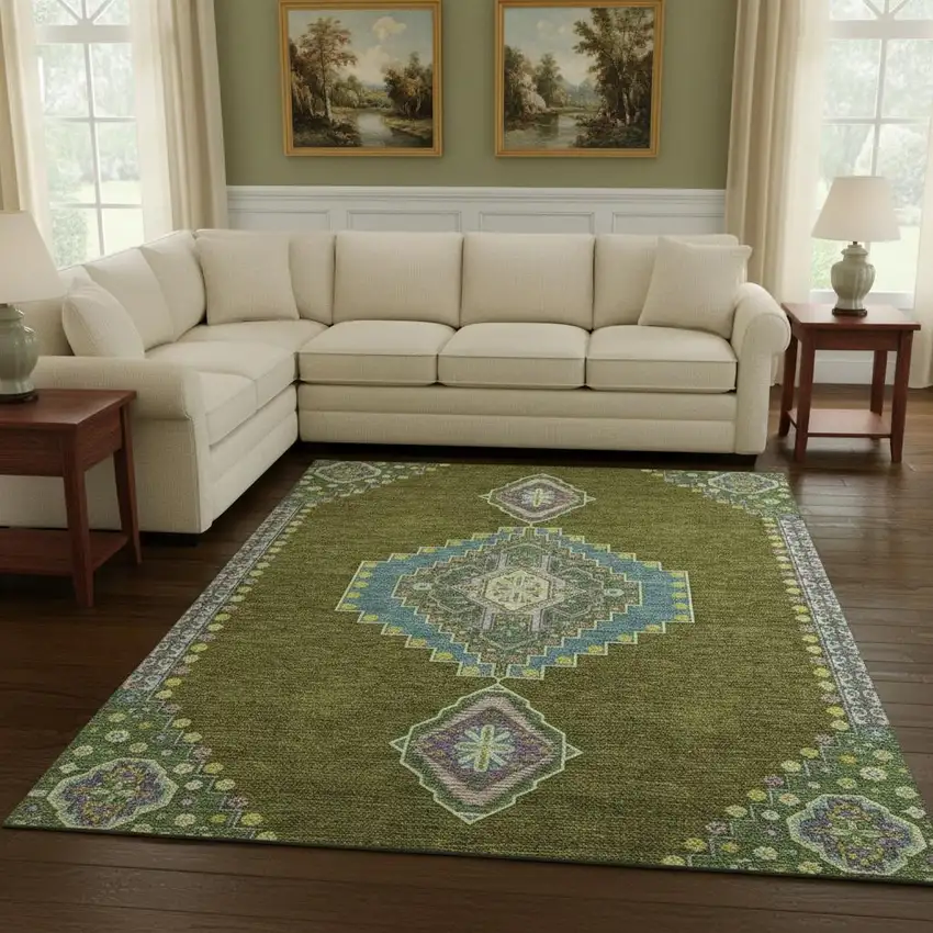Olive Green Teal And Purple Oriental Washable Area Rug With UV Protection Photo 2
