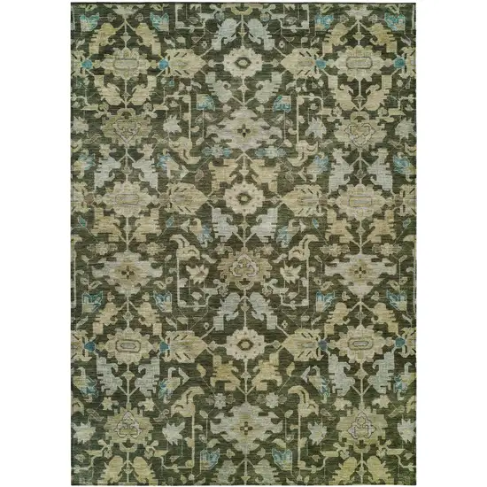 Olive Green Teal Blue And Gold Floral Washable Indoor Outdoor Area Rug Photo 1