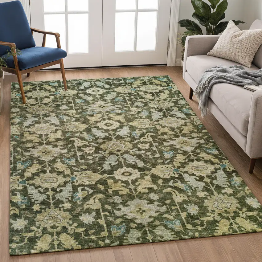 Olive Green Teal Blue And Gold Floral Washable Indoor Outdoor Area Rug Photo 5