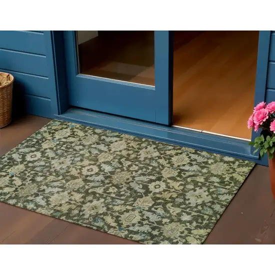 Olive Green Teal Blue And Gold Floral Washable Indoor Outdoor Area Rug Photo 1