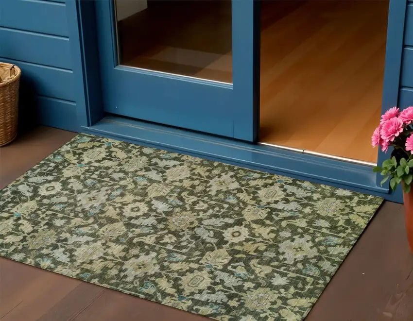 Olive Green Teal Blue And Gold Floral Washable Indoor Outdoor Area Rug Photo 1