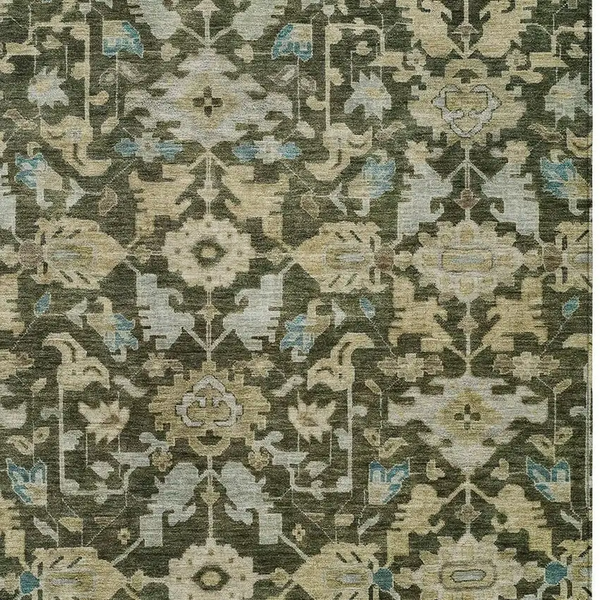Olive Green Teal Blue And Gold Floral Washable Indoor Outdoor Area Rug Photo 2