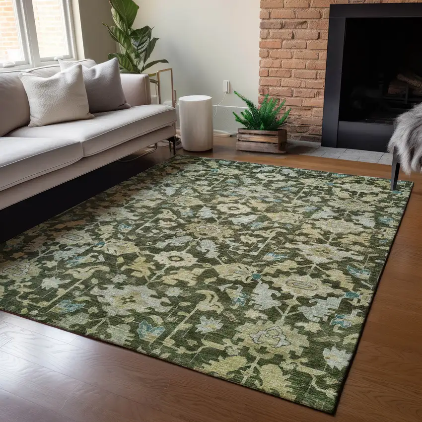 Olive Green Teal Blue And Gold Floral Washable Indoor Outdoor Area Rug Photo 6