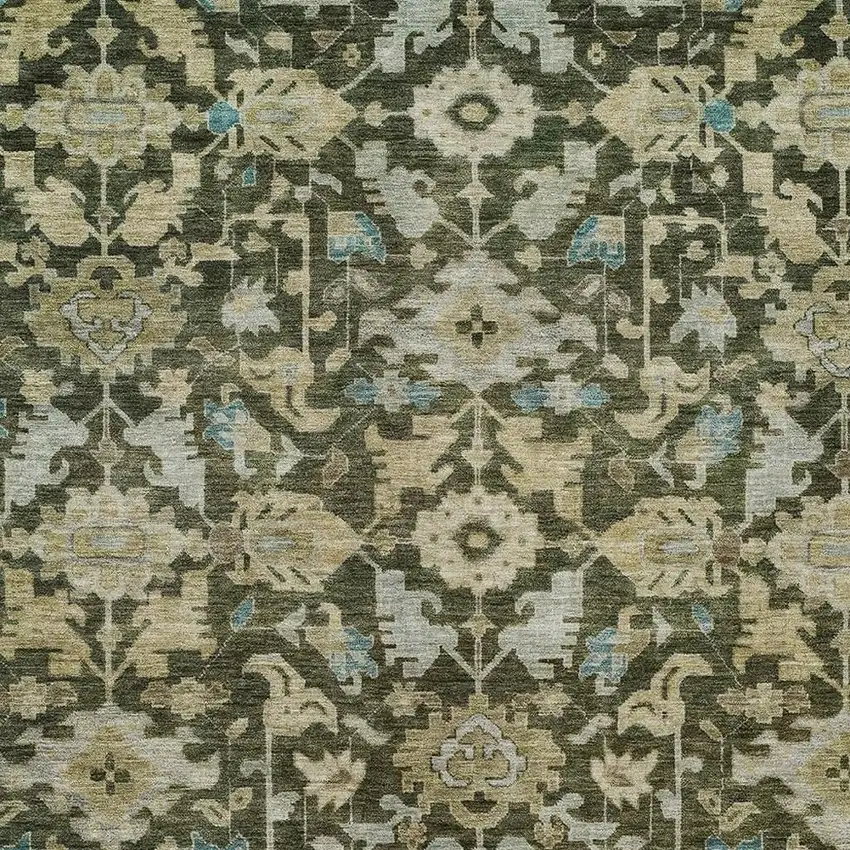 Olive Green Teal Blue And Gold Floral Washable Indoor Outdoor Area Rug Photo 2
