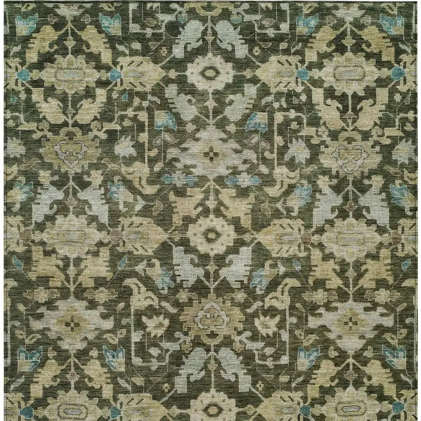 Olive Green Teal Blue And Gold Floral Washable Indoor Outdoor Area Rug Photo 3
