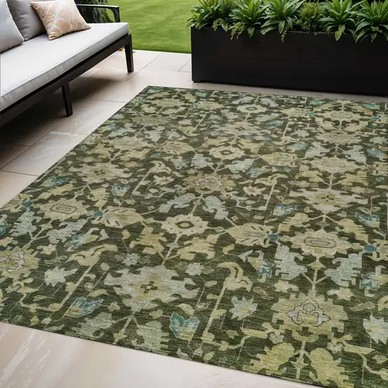Olive Green Teal Blue And Gold Floral Washable Indoor Outdoor Area Rug Photo 1
