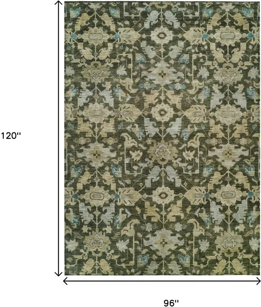 Olive Green Teal Blue And Gold Floral Washable Indoor Outdoor Area Rug Photo 3