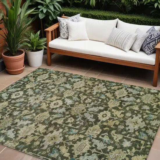 Olive Green Teal Blue And Gold Floral Washable Indoor Outdoor Area Rug Photo 1