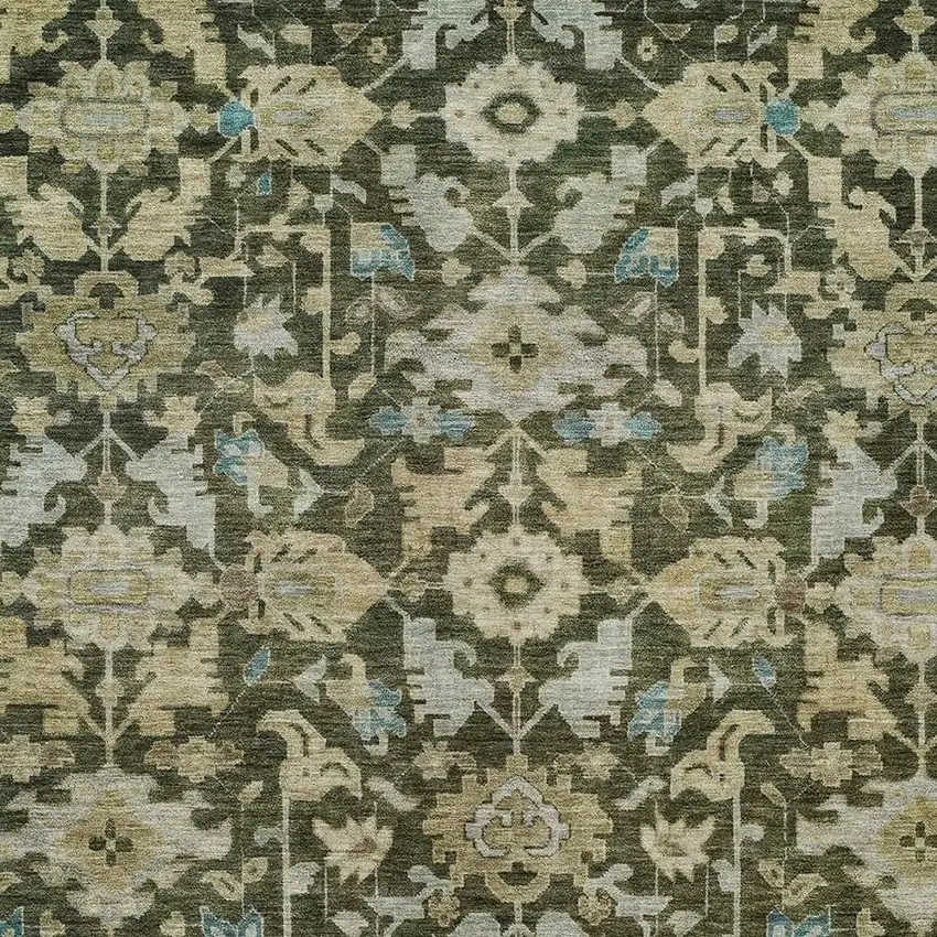 Olive Green Teal Blue And Gold Floral Washable Indoor Outdoor Area Rug Photo 2