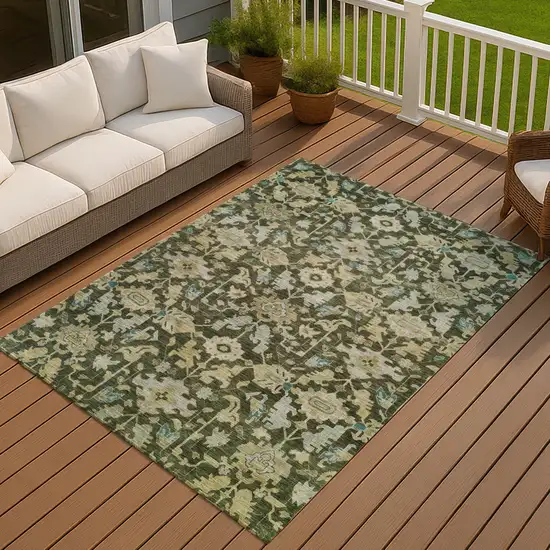 Olive Green Teal Blue And Gold Floral Washable Indoor Outdoor Area Rug Photo 4