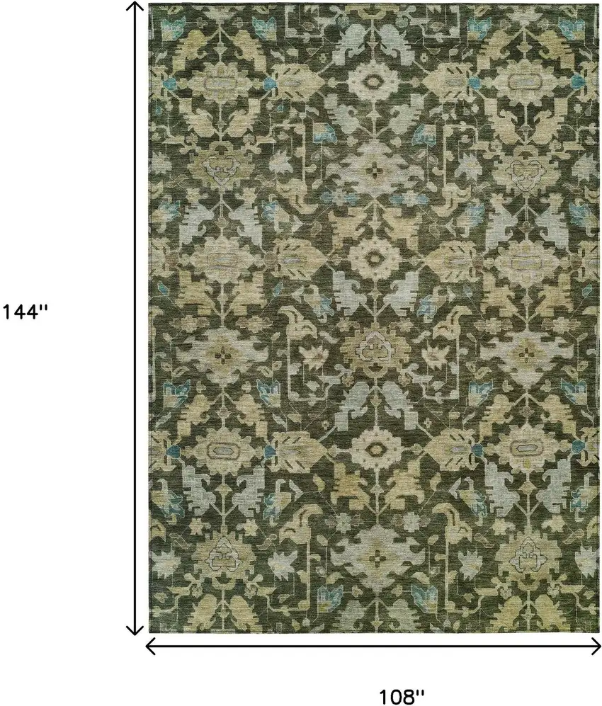 Olive Green Teal Blue And Gold Floral Washable Indoor Outdoor Area Rug Photo 3