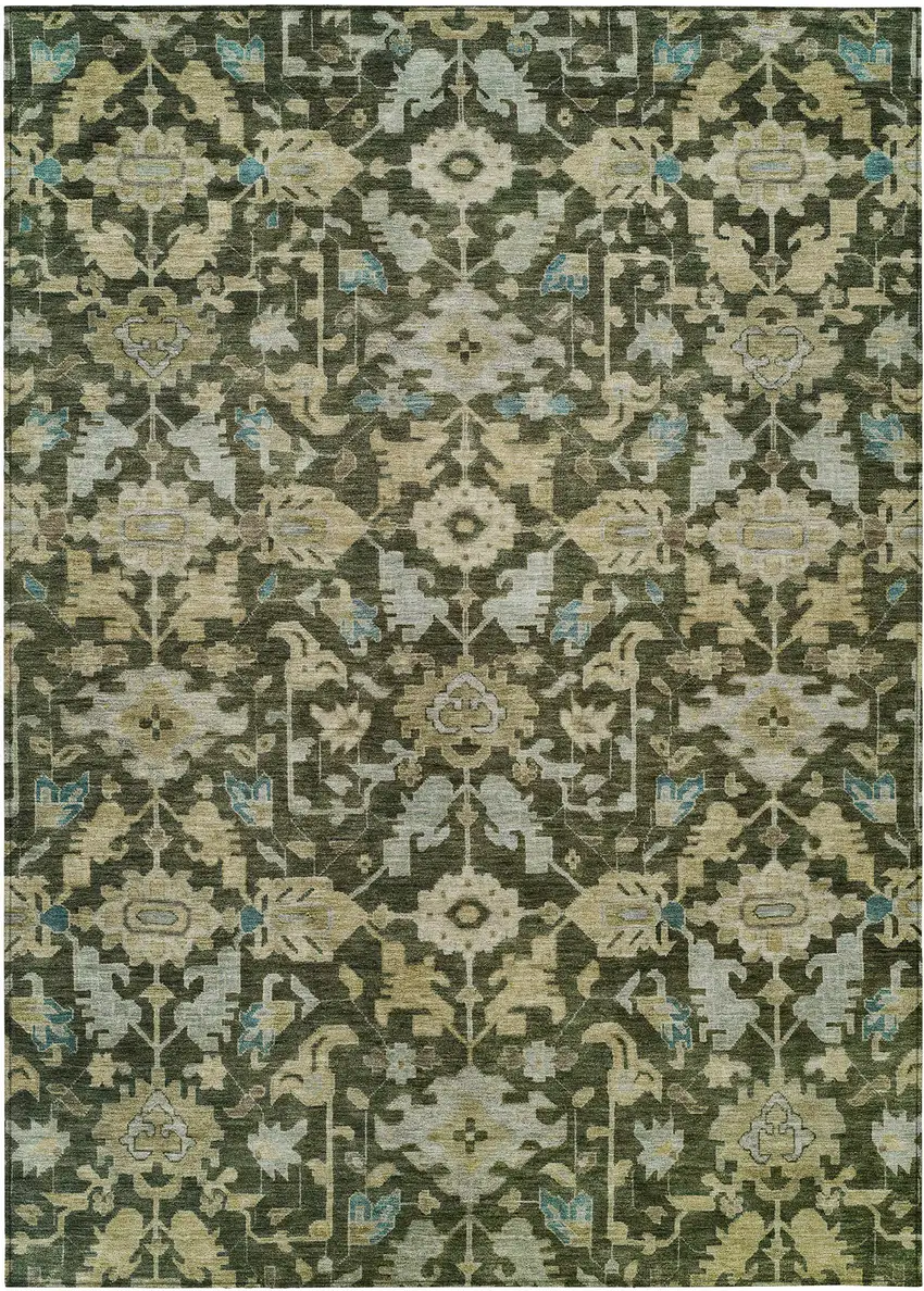 Olive Green Teal Blue And Gold Floral Washable Indoor Outdoor Area Rug Photo 1