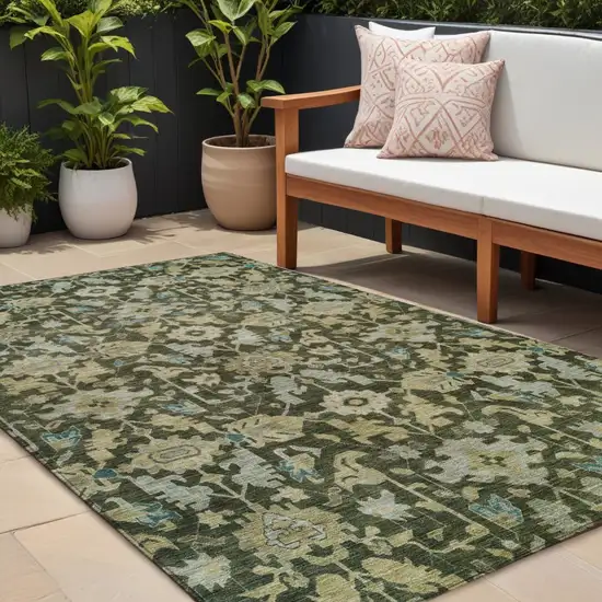 Olive Green Teal Blue And Gold Floral Washable Indoor Outdoor Area Rug Photo 1
