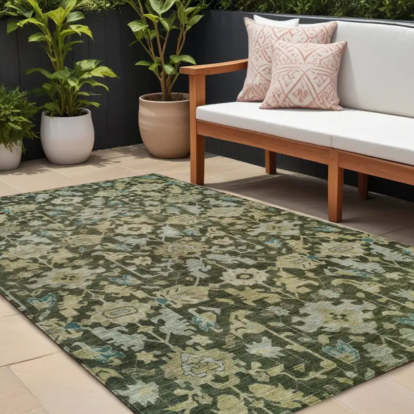 Olive Green Teal Blue And Gold Floral Washable Indoor Outdoor Area Rug Photo 1