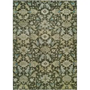 Photo of Olive Green Teal Blue And Gold Floral Washable Indoor Outdoor Area Rug