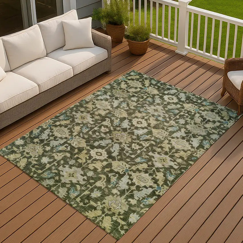 Olive Green Teal Blue And Gold Floral Washable Indoor Outdoor Area Rug Photo 4