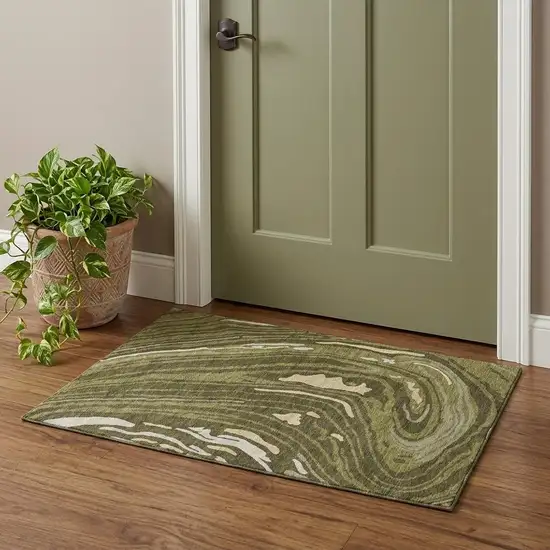 Olive Green Wheat And Ivory Abstract Washable Area Rug With UV Protection Photo 1
