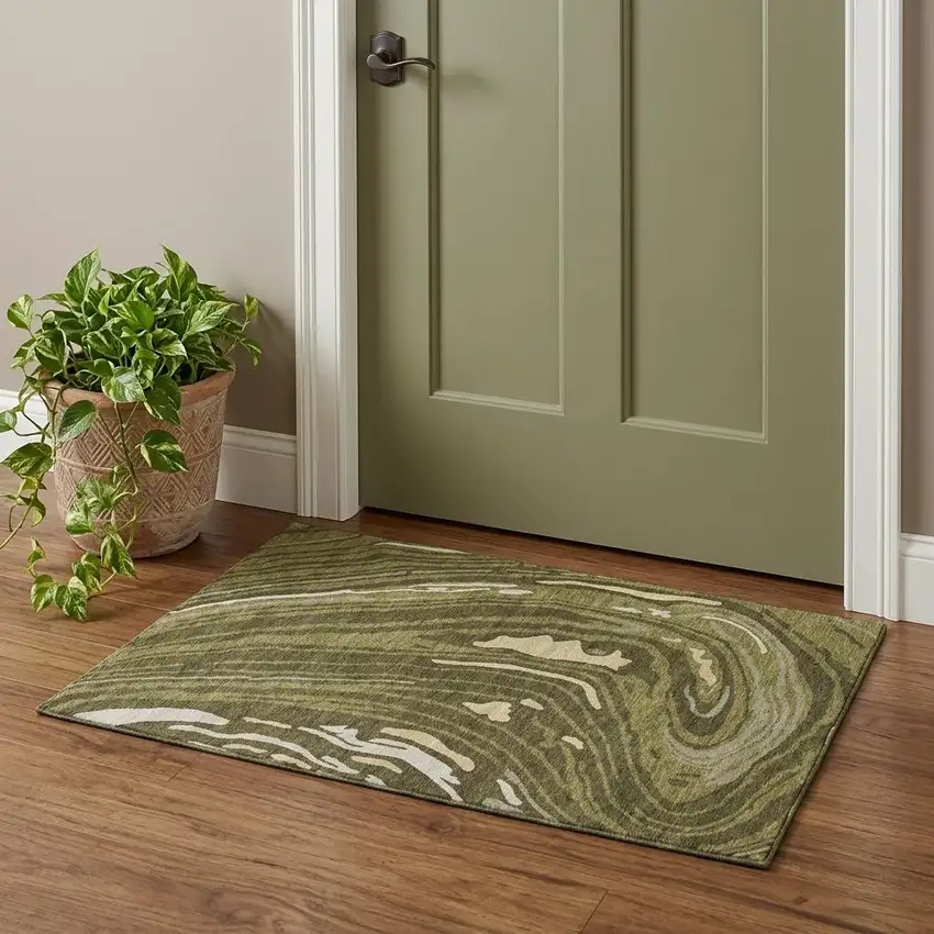 Olive Green Wheat And Ivory Abstract Washable Area Rug With UV Protection Photo 1