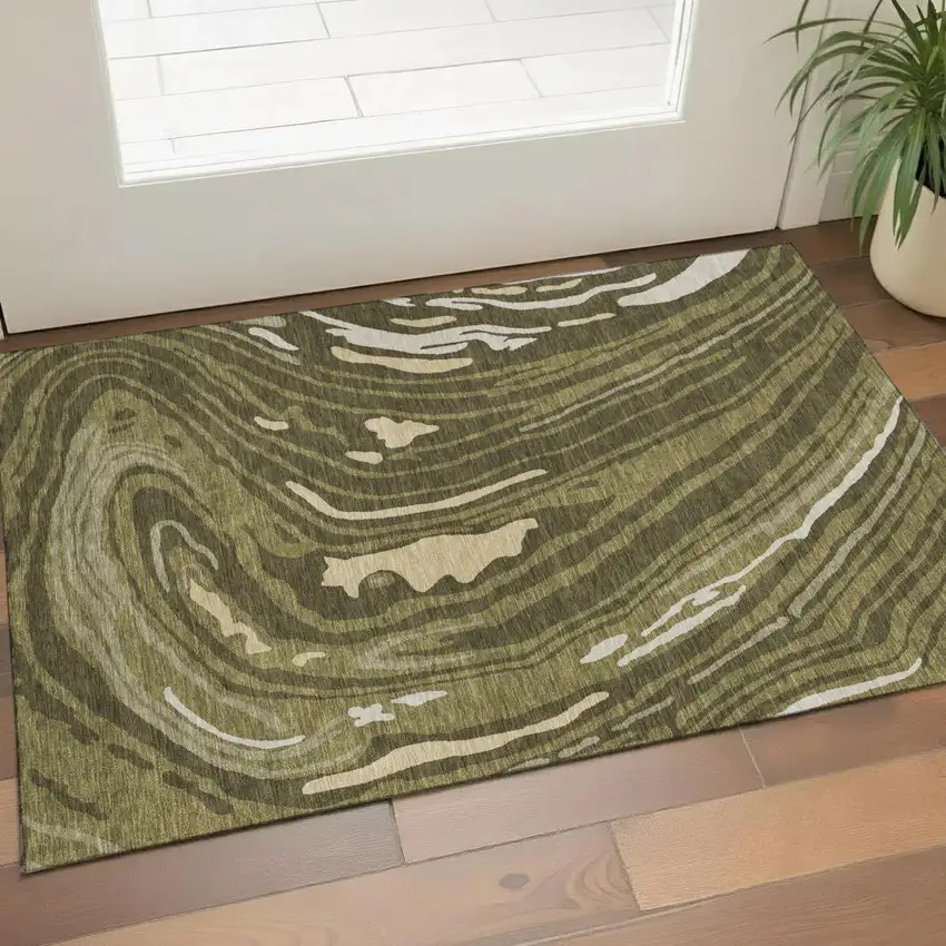 Olive Green Wheat And Ivory Abstract Washable Area Rug With UV Protection Photo 1
