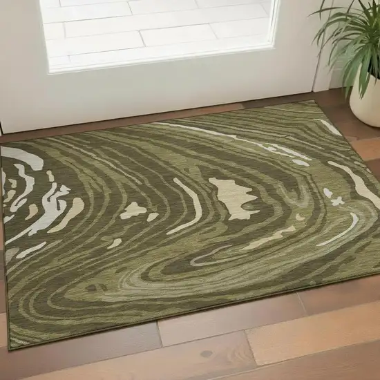 Olive Green Wheat And Ivory Abstract Washable Area Rug With UV Protection Photo 2