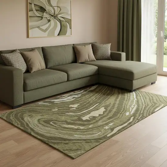 Olive Green Wheat And Ivory Abstract Washable Area Rug With UV Protection Photo 2