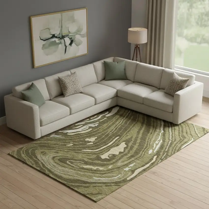 Olive Green Wheat And Ivory Abstract Washable Area Rug With UV Protection Photo 2