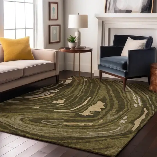 Olive Green Wheat And Ivory Abstract Washable Area Rug With UV Protection Photo 3