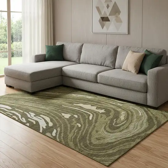 Olive Green Wheat And Ivory Abstract Washable Area Rug With UV Protection Photo 2