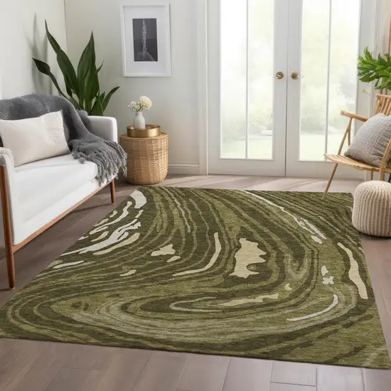 Olive Green Wheat And Ivory Abstract Washable Area Rug With UV Protection Photo 4