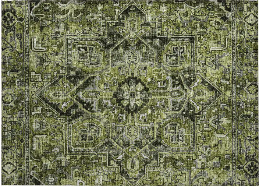 Olive Green and Dark Green Oriental Washable Non Skid Indoor Outdoor Area Rug Photo 2