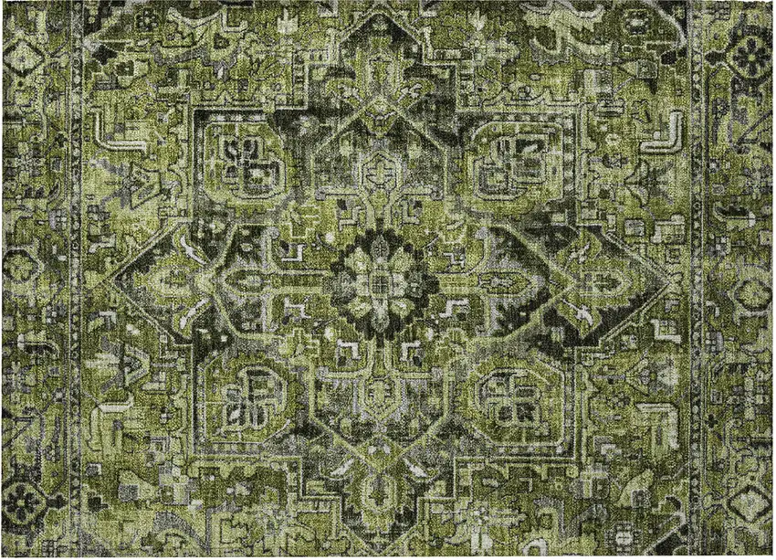 Olive Green and Dark Green Oriental Washable Non Skid Indoor Outdoor Area Rug Photo 5