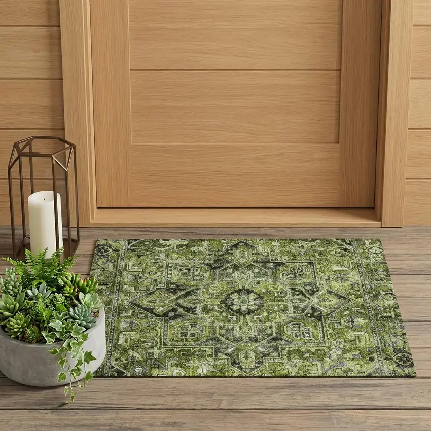 Olive Green and Dark Green Oriental Washable Non Skid Indoor Outdoor Area Rug Photo 1