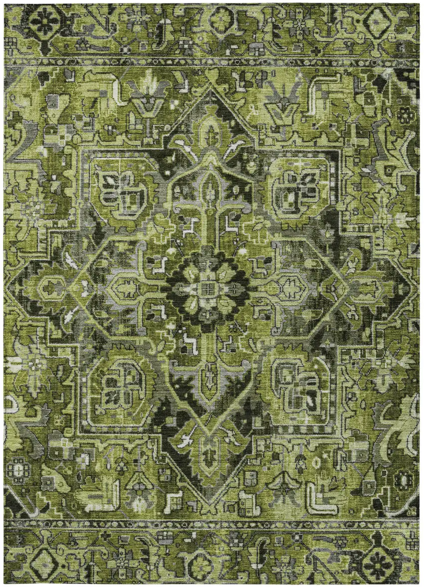 Olive Green and Dark Green Oriental Washable Non Skid Indoor Outdoor Area Rug Photo 3
