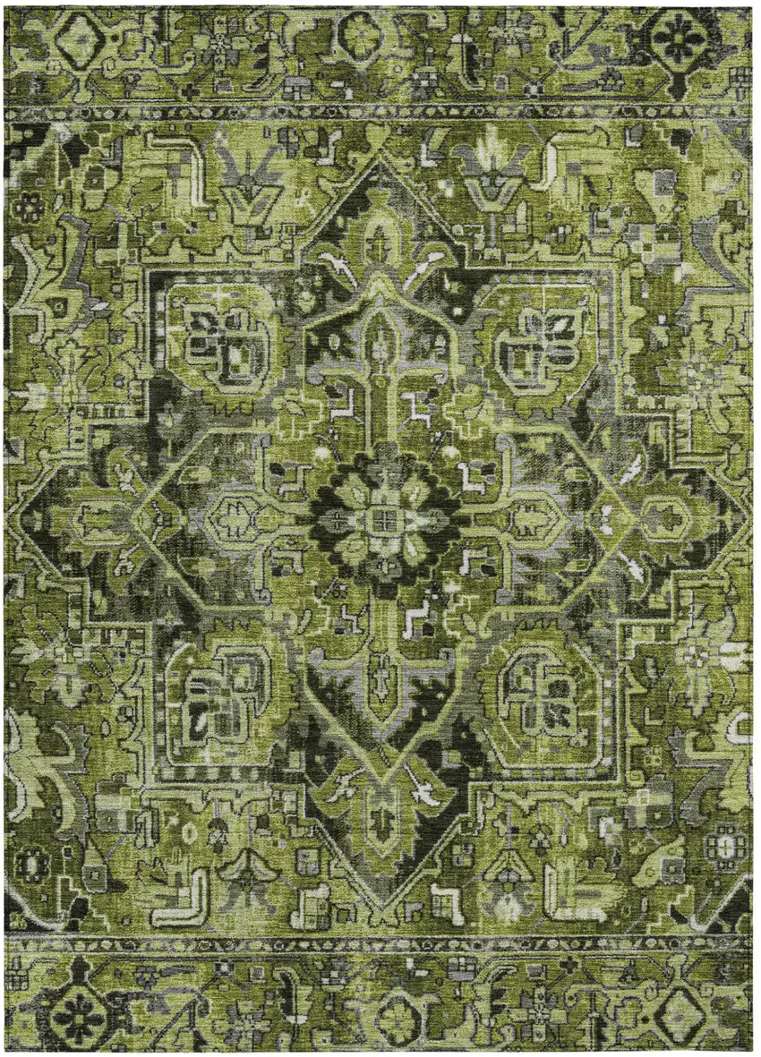 Olive Green and Dark Green Oriental Washable Non Skid Indoor Outdoor Area Rug Photo 2