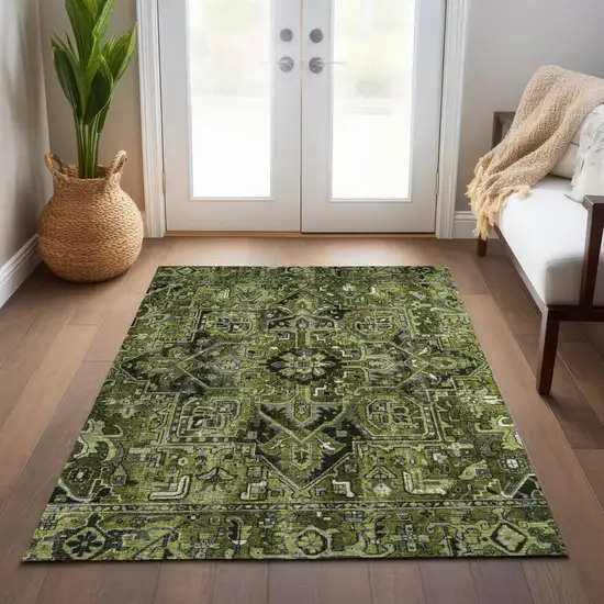 Olive Green And Dark Green Oriental Washable Indoor Outdoor Area Rug Photo 9
