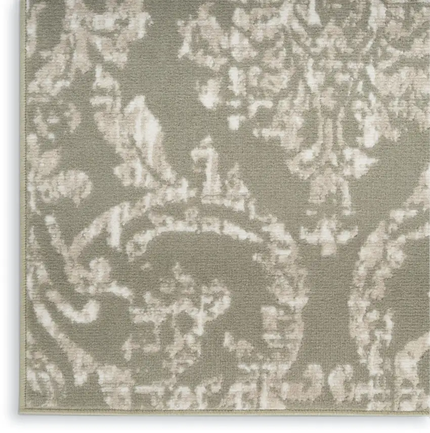 Olive Green and Ivory Damask Distressed Area Rug Photo 7