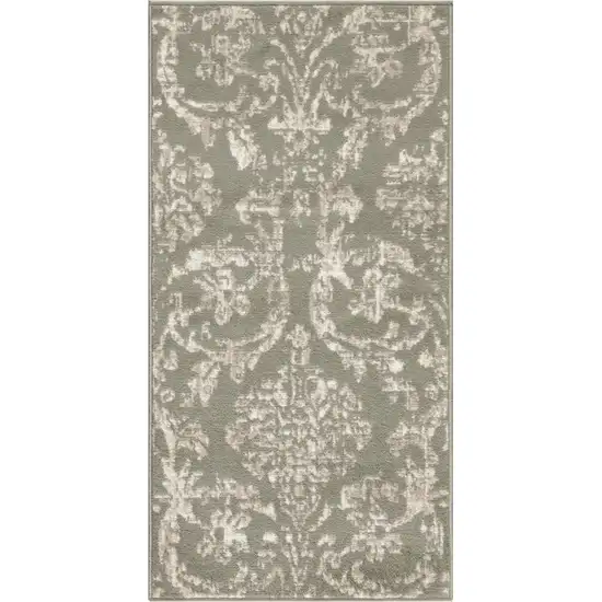 Olive Green and Ivory Damask Distressed Area Rug Photo 1