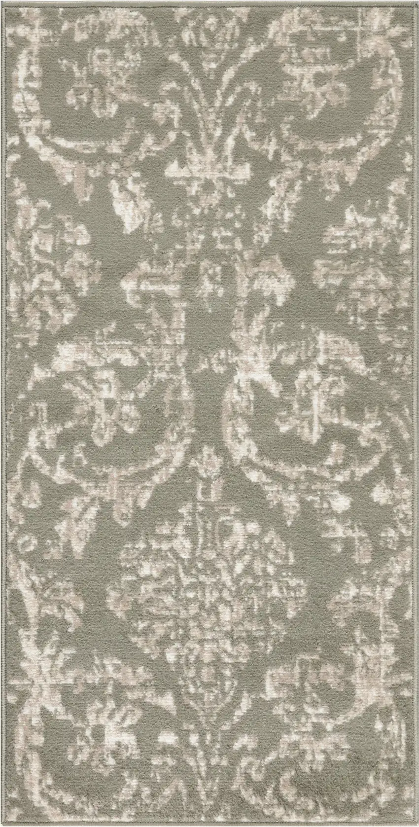 Olive Green and Ivory Damask Distressed Area Rug Photo 1
