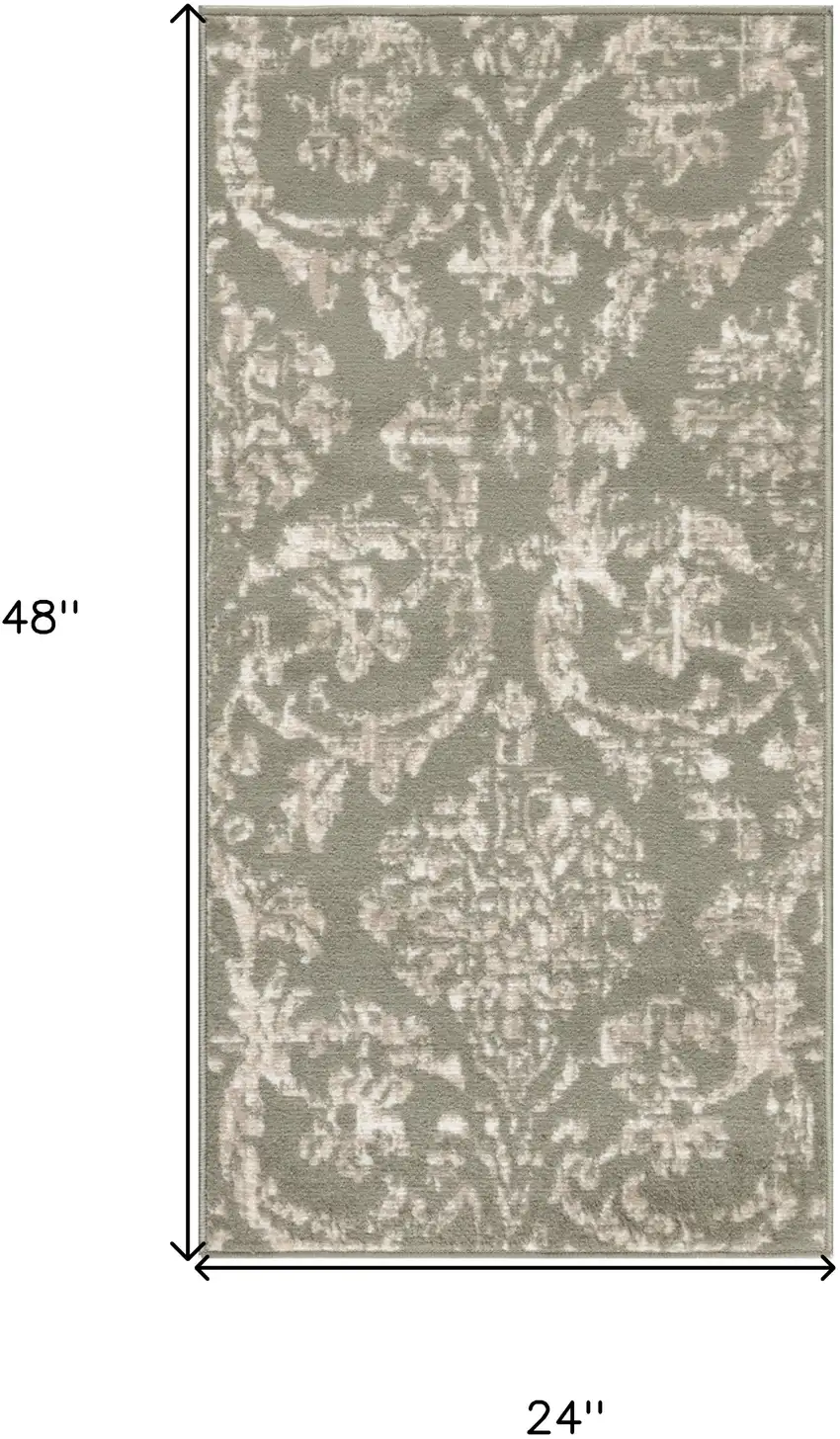Olive Green and Ivory Damask Distressed Area Rug Photo 3