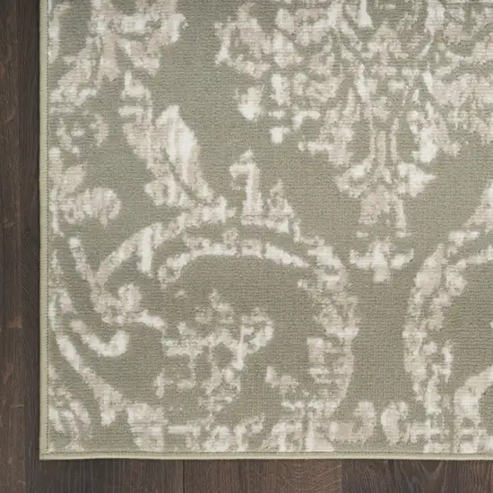 Olive Green and Ivory Damask Distressed Area Rug Photo 9
