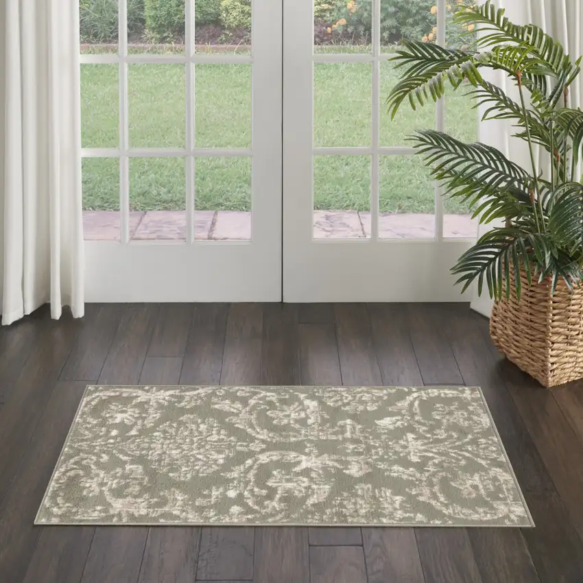 Olive Green and Ivory Damask Distressed Area Rug Photo 3