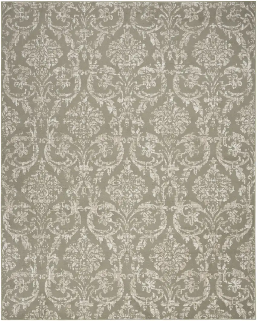 Olive Green and Ivory Damask Distressed Non Skid Area Rug Photo 2