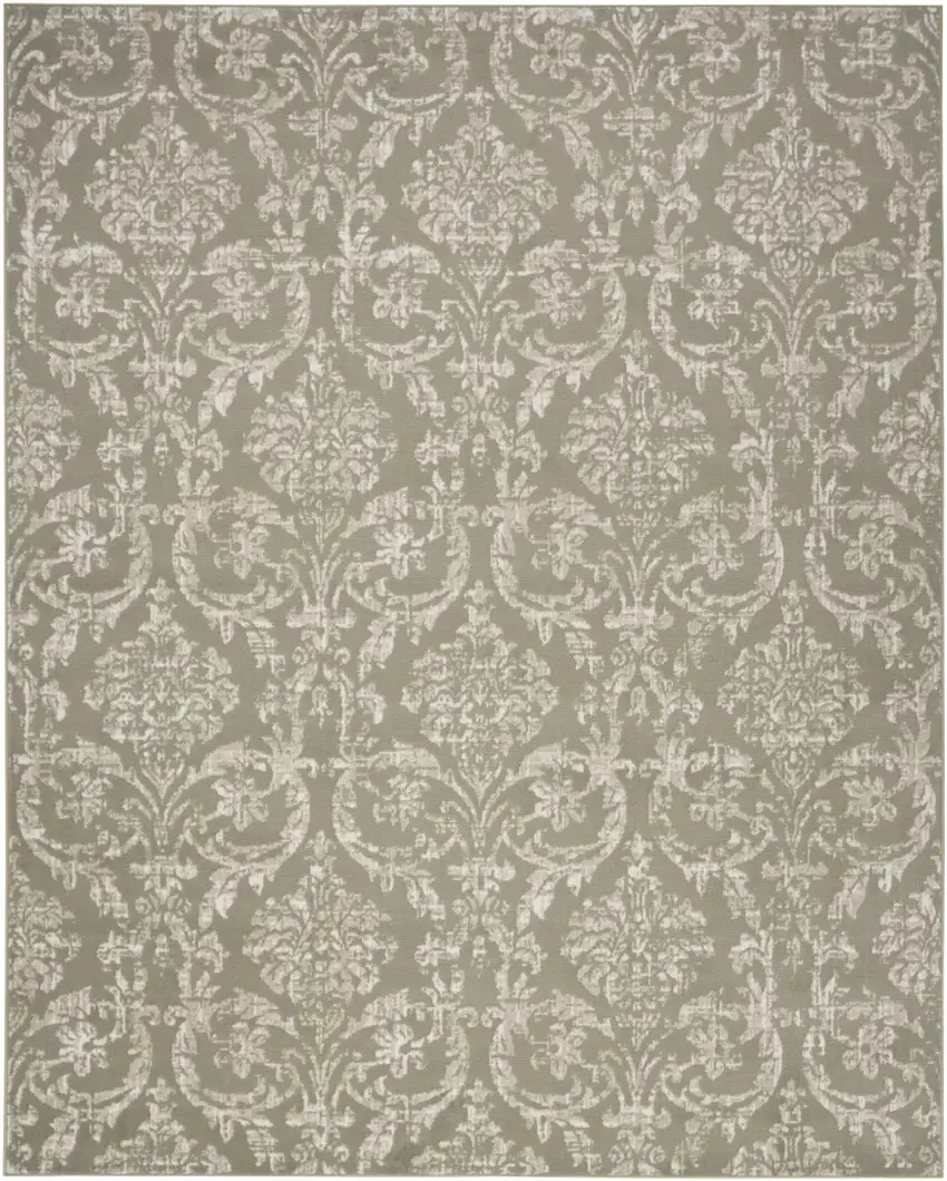 Olive Green and Ivory Damask Distressed Non Skid Area Rug Photo 4