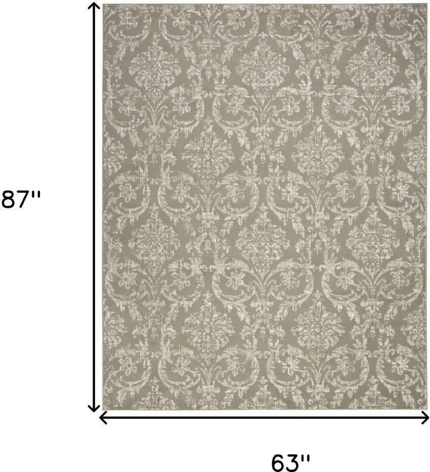 Olive Green and Ivory Damask Distressed Non Skid Area Rug Photo 3