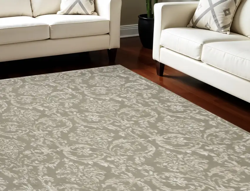 Olive Green and Ivory Damask Distressed Non Skid Area Rug Photo 1