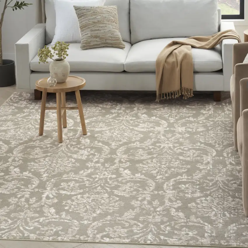 Olive Green and Ivory Damask Distressed Non Skid Area Rug Photo 4