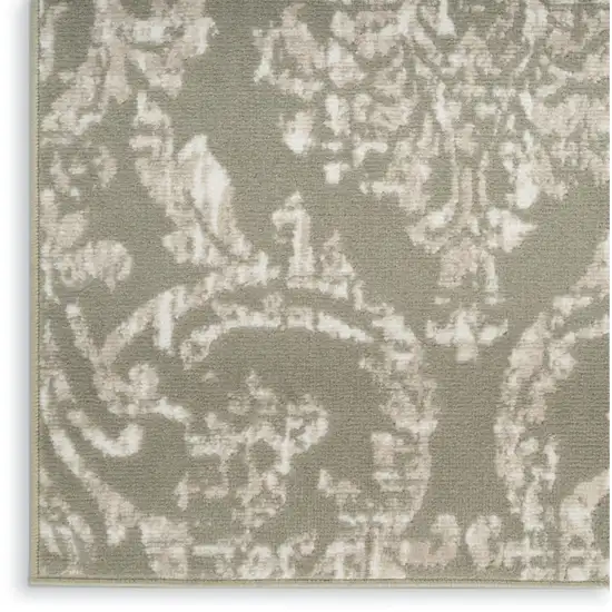 Olive Green and Ivory Damask Distressed Non Skid Area Rug Photo 8